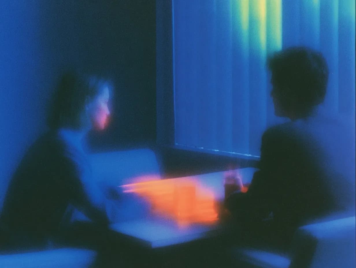 Two people working together in a dimly lit office
